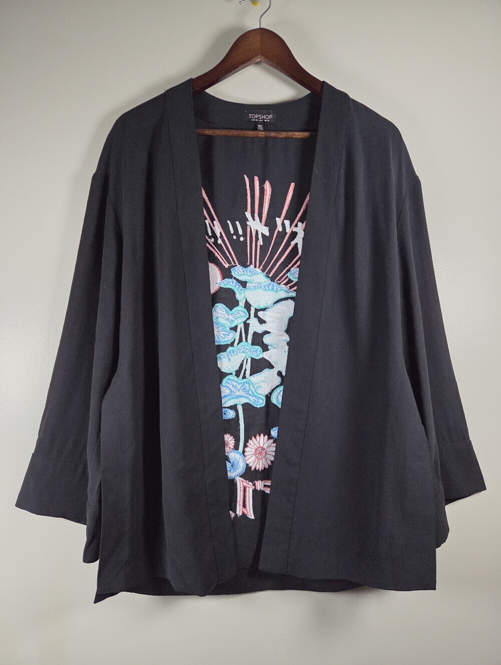 Topshop Embroidered Kimono Jacket Black Asian Graphic Back Print Size US 6 Boho - Picture 2 of 16